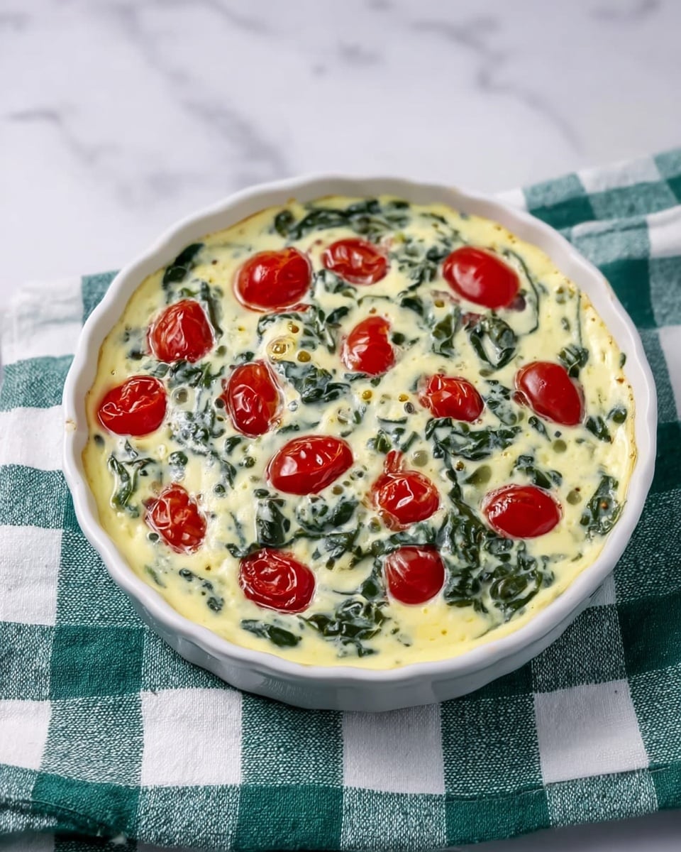 A round white ceramic dish filled with a creamy mixture that has green leafy pieces spread evenly inside. On top, there are bright red halved cherry tomatoes scattered across the surface. The dish is placed on a green and white checkered cloth, which lies on a white marbled surface. The creamy layer fills the dish almost to the edge, showing a smooth texture with slightly visible small bubbles. Photo taken with an iphone --ar 4:5 --v 7
