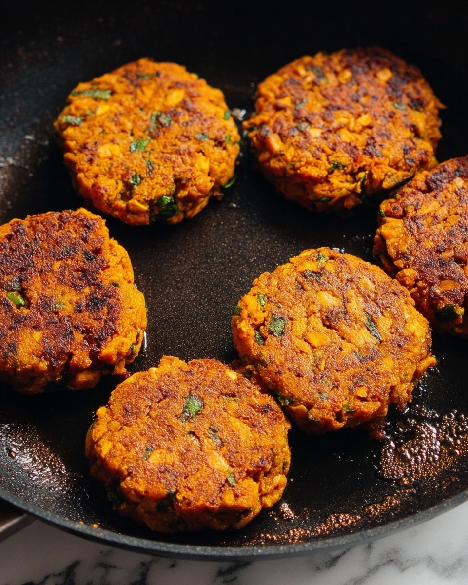 Six round patties with a crispy golden-brown crust are cooking in a black pan. The patties have an orange color with visible green herbs and small pieces of vegetables mixed inside. The texture looks slightly rough and crunchy on the outside. The pan shows some oil spots and a few browned areas from cooking. The background is a white marbled texture. photo taken with an iphone --ar 4:5 --v 7