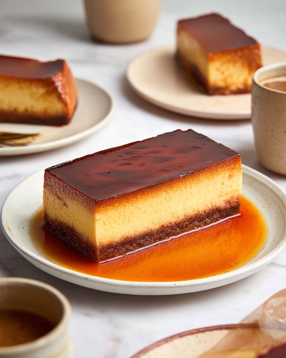 The image shows a rectangular flan with two clear layers on a white plate. The top layer is a smooth, light caramel color with a glossy finish, while the bottom layer is darker brown and slightly textured. A slice is cut from the flan, standing upright showing the two distinct layers clearly. In the background, another slice rests on a white plate with a silver fork beside it. The whole scene is set on a white marbled surface, with an off-white neutral wall behind. Photo taken with an iphone --ar 4:5 --v 7