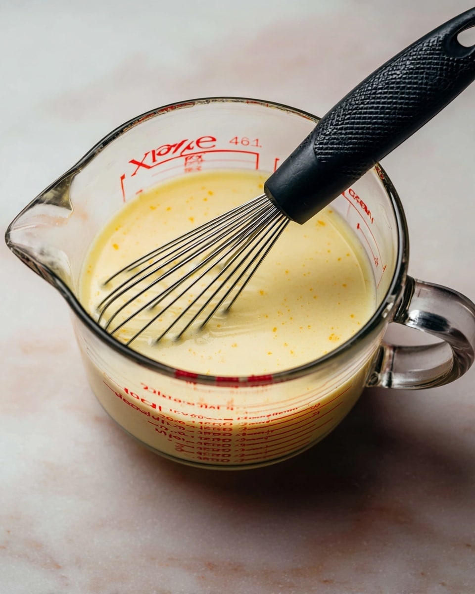 A clear glass measuring cup filled about three-quarters full with a pale yellow liquid mixture that has small specks of a darker yellow, stirred by a black whisk with a textured handle resting inside the liquid. The measuring cup has red measurement markings and text on its side and is placed on a white marbled surface. photo taken with an iphone --ar 4:5 --v 7