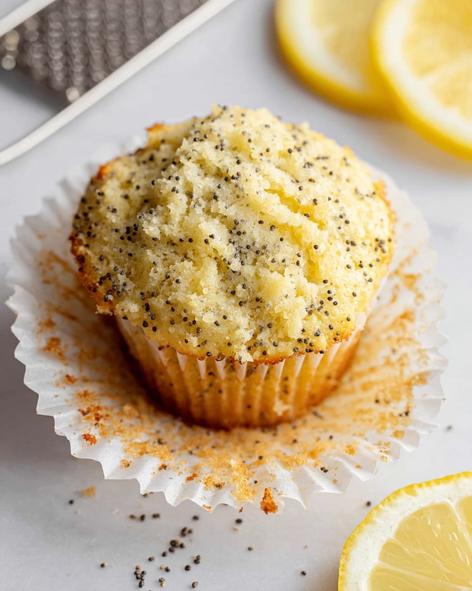 A close-up view of four lemon poppy seed muffins arranged on a white marbled surface, with one muffin in the front having its white paper liner peeled back and lying flat, showing the moist, light yellow crumb speckled with small black poppy seeds and a golden, slightly cracked top with a sugary texture. In the background, three more muffins stand upright, slightly out of focus, maintaining their white liners with poppy seeds visible through them. A blurred lemon slice appears at the bottom right corner of the image. The overall lighting is soft, emphasizing the texture and freshness of the muffins. Photo taken with an iphone --ar 4:5 --v 7
