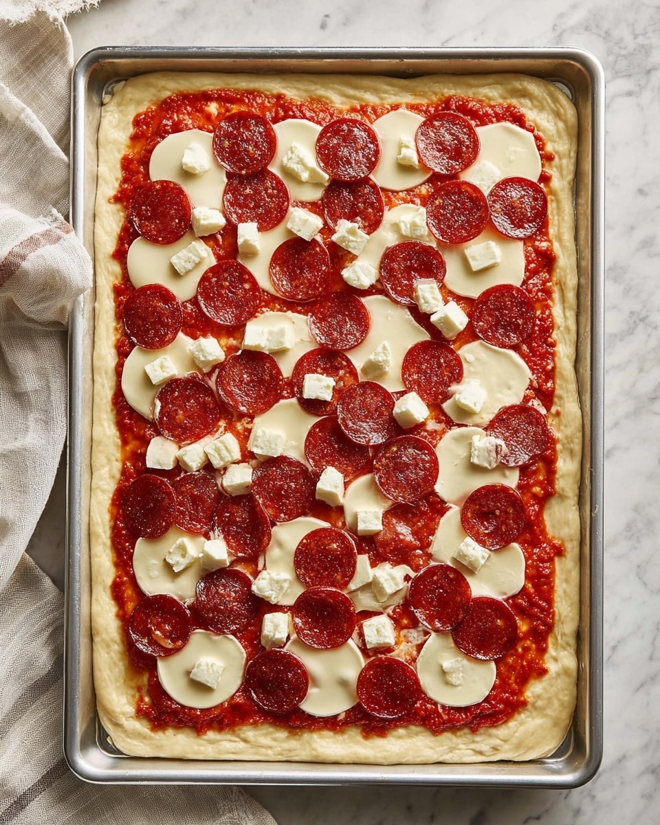 A rectangular uncooked pizza on a metal baking tray with four layers: the bottom layer is thick, pale dough with slightly puffed edges, topped evenly with bright red tomato sauce that stops just before the edges; above this are large, smooth white cheese slices covering most of the sauce; scattered on top are round, shiny dark red pepperoni slices placed close to each other; small white cheese cubes are spread evenly over the pepperoni, adding a blocky texture to the surface. The tray sits on a white marbled surface with a folded cloth visible in one corner, photo taken with an iphone --ar 4:5 --v 7