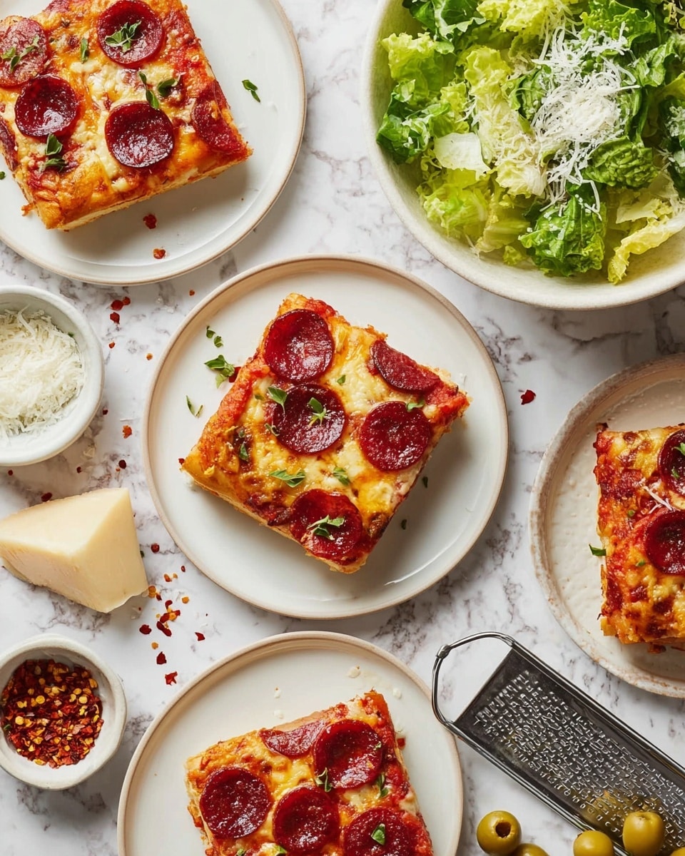 The image shows four square slices of pepperoni pizza placed on separate white plates, arranged in a loose circle. Each slice has a golden, slightly thick crust base layered with red tomato sauce, melted yellow cheese with bubbly texture, and round slices of dark red pepperoni scattered on top, garnished with small green herb leaves. In the upper right corner, there is a white bowl filled with fresh green lettuce leaves topped with grated white cheese. At the bottom left, a small white bowl contains red chili flakes, and next to it, a chunk of pale beige cheese rests on the white marbled surface. A small pile of green olives is visible at the bottom right near a metal grater, all set on a white marbled texture background with scattered red chili flakes. photo taken with an iphone --ar 4:5 --v 7