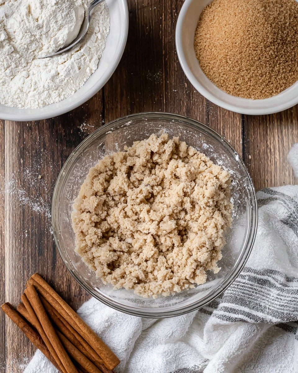 A clear glass bowl sits in the middle filled with a crumbly, light brown mixture with a grainy texture, scattered with fine flour dust around the sides inside the bowl. Above it are two white bowls, one on the left with a mound of white flour and a shiny silver spoon resting in it, and another on the right filled with a soft pile of light brown sugar with a crumbly texture. Two cinnamon sticks lie on the lower left corner of the image on a rustic dark wooden table, which is mostly covered by a soft white and gray striped cloth beneath the glass bowl. The surface is a white marbled texture photo taken with an iphone --ar 4:5 --v 7