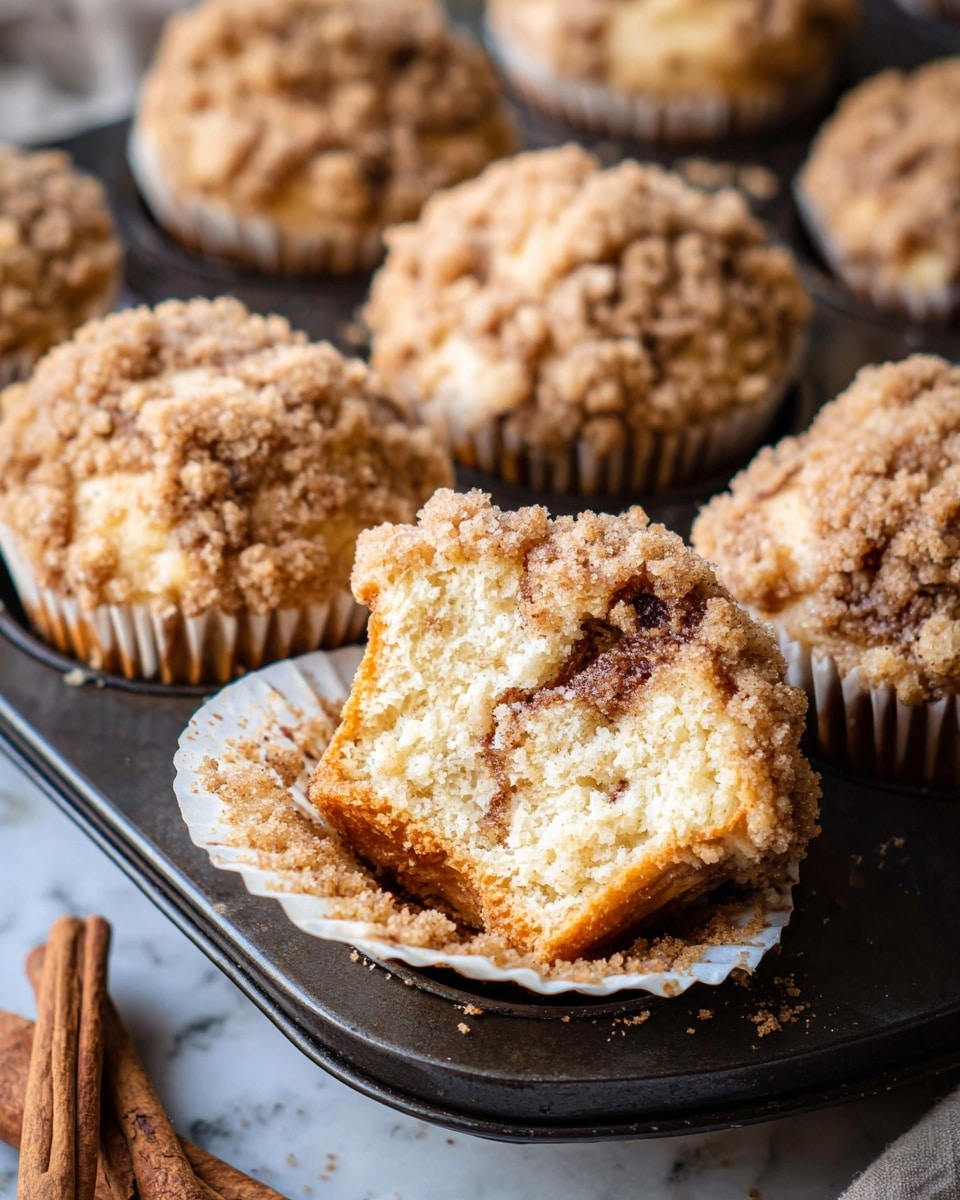 The image shows several muffins with a crumb topping arranged in a dark muffin tray on a table with a white marbled texture. The muffins have a light brown crumbly top layer with a rough texture. One muffin in the front is partially unwrapped with a peel-back white paper liner, revealing a soft, light tan inner cake layer with a darker cinnamon-colored swirl inside. The crumb topping is uneven and gives a crunchy look, while the muffin inside appears fluffy. Two cinnamon sticks are placed near the muffins, adding to the warm, cozy feel. photo taken with an iphone --ar 4:5 --v 7