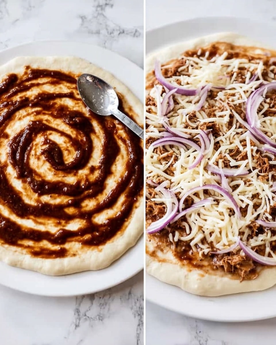 The image shows two white plates side by side on a white marbled surface, each holding pizza dough. The left plate features a flat round dough base with a spiral layer of dark brown sauce spread evenly on top. The right plate shows a similar dough base with an even spread of the same dark brown sauce first, then a layer of shredded white cheese covering the sauce. Scattered on the cheese are small pieces of shredded brown meat and thin slices of purple onion, spread across the pizza top. A silver spoon rests on the left plate's dough edge near the sauce spiral. Photo taken with an iphone --ar 4:5 --v 7