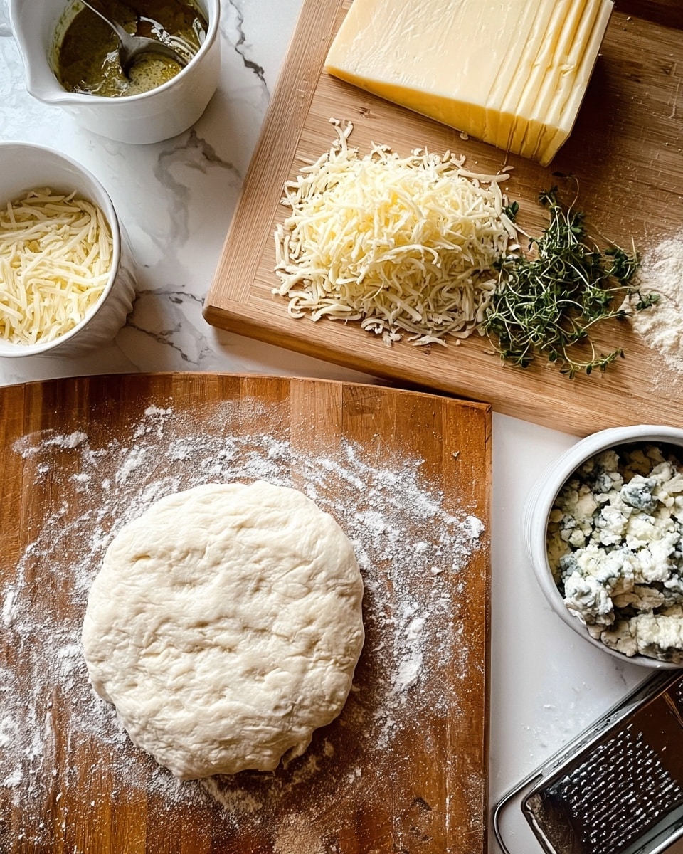 A round piece of dough with a slightly cracked textured surface lies on a floured wooden cutting board positioned in the lower part of the image. Above it, another wooden board holds two piles of shredded cheese: one slightly more yellow and the other whiter in color, both finely grated with soft, curly textures. There are two wedges of cheese, cream-colored with smooth ridges on the edges, placed at the upper edge of the wooden board. A small bunch of fresh green herbs with tiny leaves rests near the shredded cheese. To the left, a white bowl with a spoon sits containing a golden green herb sauce, while another white bowl nearby holds a small amount of shredded white cheese. On the right side of the image, there is a white ceramic container filled with crumbled blue cheese, next to a metal grater on a white marbled surface photo taken with an iphone --ar 4:5 --v 7