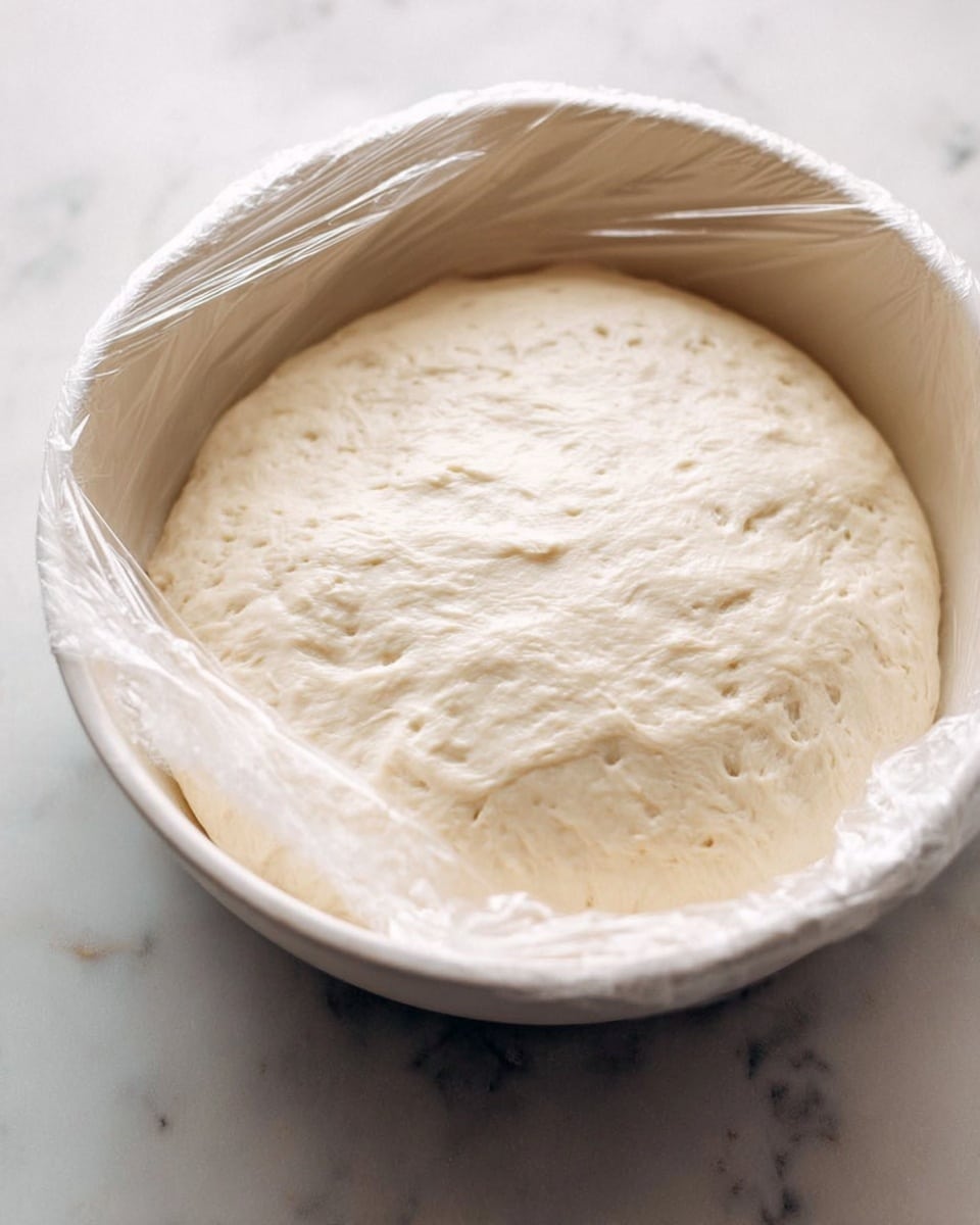 A white bowl filled with risen dough inside, showing its smooth, slightly bumpy texture with small air pockets on the surface. The dough is pale cream in color and looks soft and fluffy. The bowl is partially covered with clear plastic wrap that loosely rests over the dough’s surface. The bowl sits on a white marbled surface. photo taken with an iphone --ar 4:5 --v 7