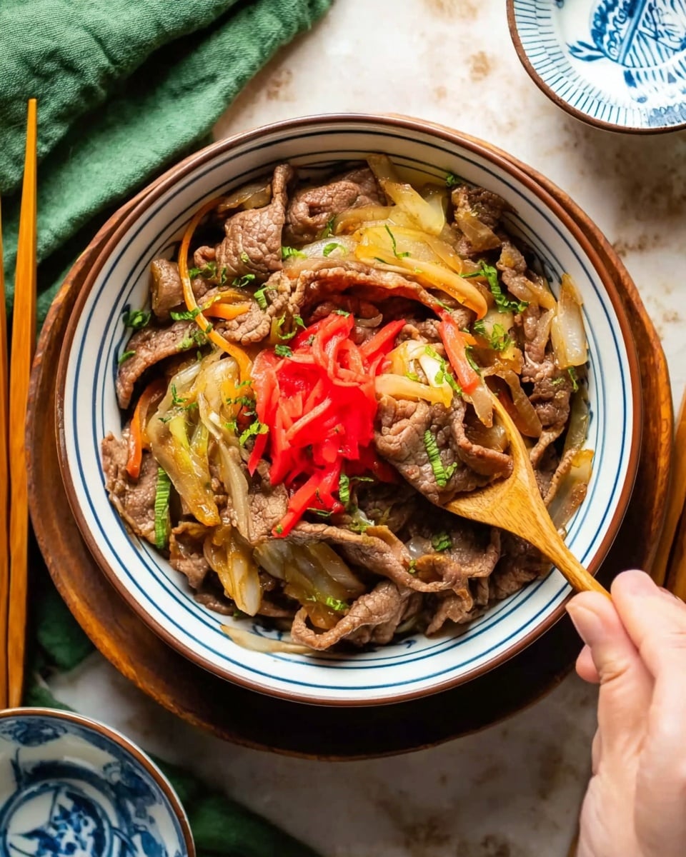 A white bowl with a blue rim filled with thin slices of cooked brown beef mixed with soft yellowish cooked onions and slivers of green herbs. On top of the beef and onions, there is a small pile of bright red pickled ginger strips adding a splash of color. A woman's hand holds a wooden spoon scooping some of the beef mixture from the bowl. The bowl is placed on a white marbled surface with a pair of wooden chopsticks and a green cloth napkin nearby. Another white bowl with blue patterns is partially visible to the side. photo taken with an iphone --ar 4:5 --v 7