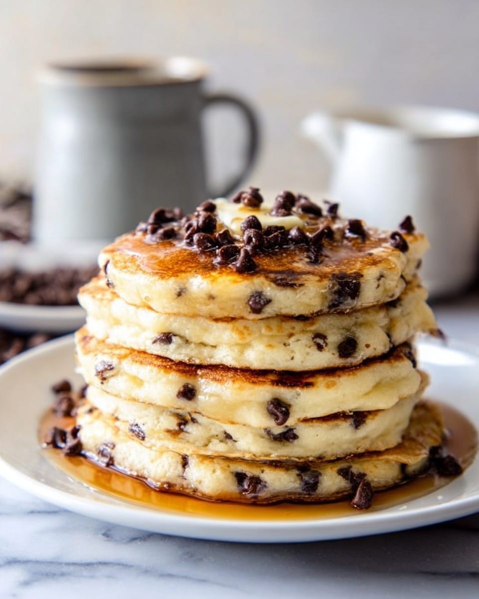 A stack of four thick, golden brown pancakes filled with chocolate chips is centered on a white plate. The top pancake is topped with two melting pats of white butter and sprinkled with scattered chocolate chips. A light brown syrup is being poured from a white pitcher onto the top pancake, flowing down the stack. The plate rests on a white marbled surface, with a blurred blue and white cloth and some out-of-focus red strawberries in the background. photo taken with an iphone --ar 4:5 --v 7