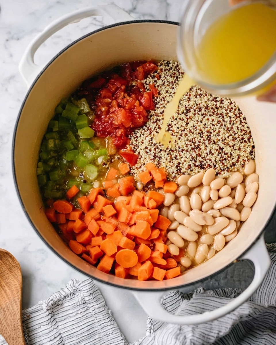 The image shows a white pot on a white marbled surface, filled with four visible layers of ingredients. In the bottom left part, there are cooked chopped orange carrots and green celery, next to white beans covering the bottom right part. Above the beans, there is a pile of mixed white and brown quinoa, while next to it, on the top left, there is a layer of diced cooked red tomatoes. A wooden spoon is beside the quinoa, and a woman's hand is pouring a light yellow liquid from a small jar into the pot, close to the top left side. A striped cloth is partially visible at the bottom right edge of the frame. Photo taken with an iphone --ar 4:5 --v 7
