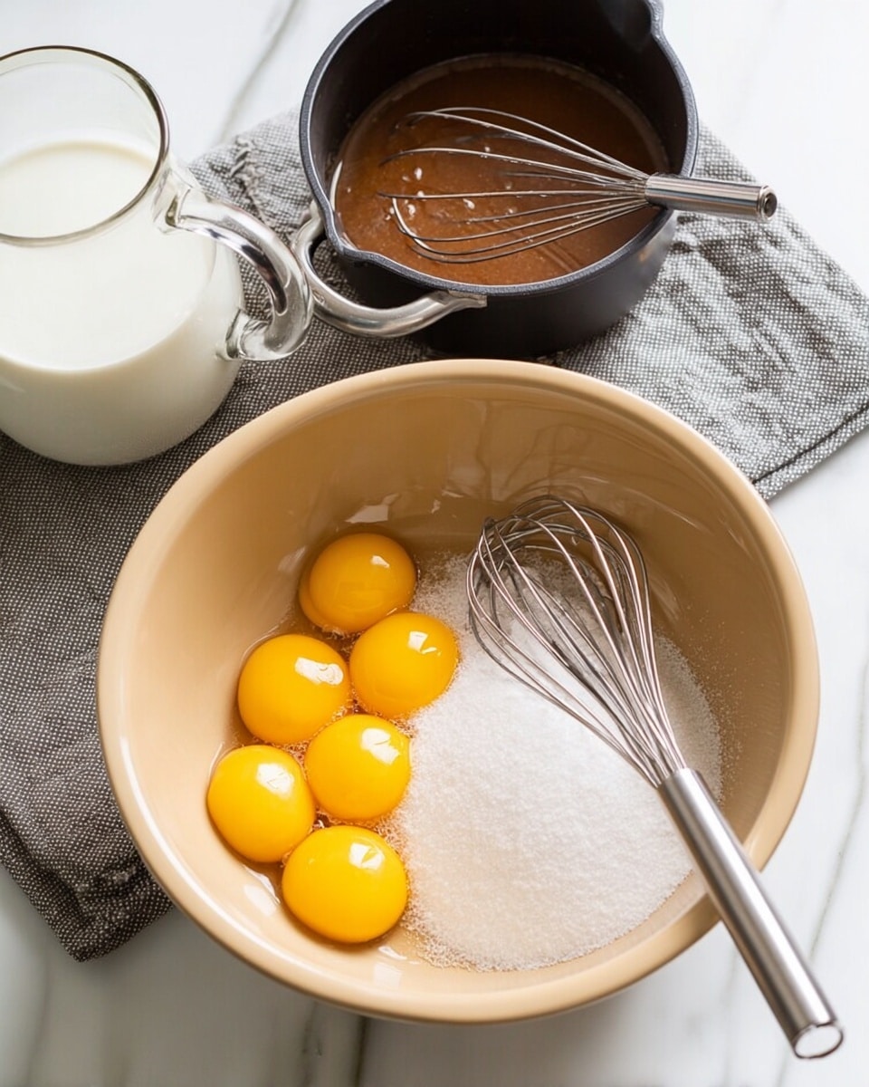 The image shows a beige mixing bowl with six bright yellow egg yolks on one side and a pile of white sugar on the other side inside the bowl. Resting on the edge of the bowl are two metal whisks, shiny and clean. Behind the bowl, there is a small black saucepan with a brown liquid mixture inside, placed on a grey cloth napkin. To the upper left side, a clear glass measuring cup filled with white milk is visible. The whole scene is set on a white marbled surface, creating a clean and bright kitchen look. photo taken with an iphone --ar 4:5 --v 7