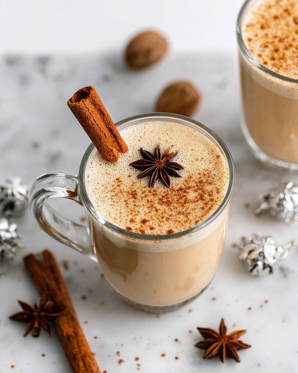 A clear glass mug filled with a light beige creamy drink that has a smooth, frothy texture on top. The drink is topped with a sprinkle of brown cinnamon powder evenly spread over the foam. A brown cinnamon stick is placed standing upright on one side inside the drink, and a dark brown star anise rests flat on the foam near the cinnamon stick. The mug sits on a white marbled surface with scattered star anise and whole nutmegs around it, and some silver jingle bells are nearby. Another similar mug is partially visible in the top right corner. photo taken with an iphone --ar 4:5 --v 7