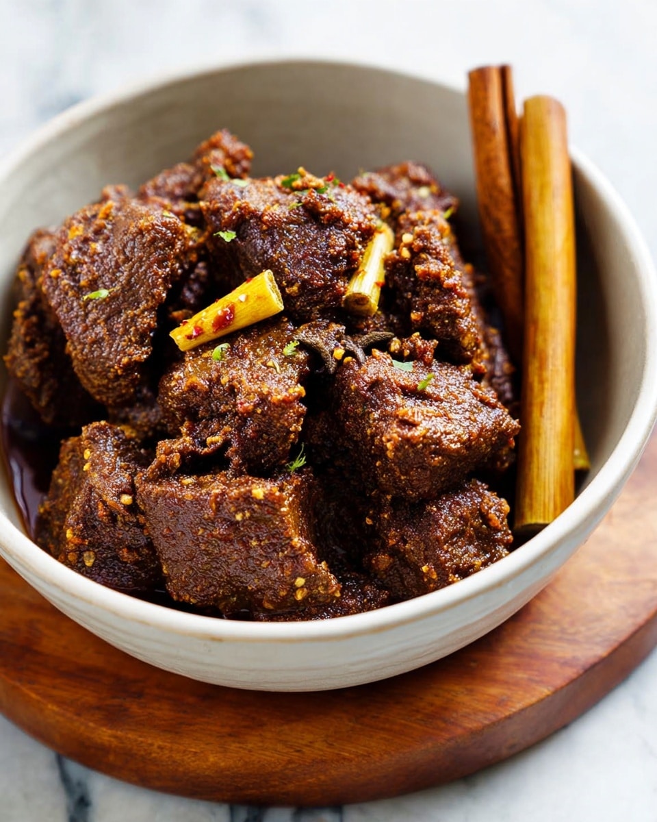 A white bowl filled with several pieces of dark brown spiced meat chunks with a textured, coarse surface, mixed with a few yellowish chunks of lemongrass and two cinnamon sticks standing upright near the top right side. The meat looks moist with a thick sauce coating and small bits of herbs scattered on top. The bowl sits on a wooden round board and the background is a white marbled texture. Photo taken with an iphone --ar 4:5 --v 7