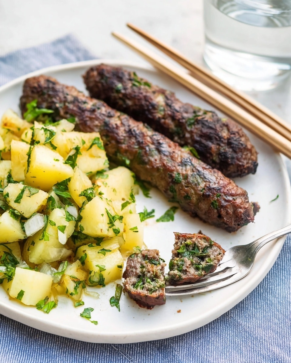 A white plate on a white marbled surface holds two dark brown grilled meat kebabs with visible green herbs in the meat. One kebab is whole, and the other is broken in half, showing a textured inside with green herbs. A silver fork holds a piece of the broken kebab. Next to the kebabs is a side of light yellow, roughly chopped potatoes mixed with chopped green herbs. Two wooden skewers lay near the kebabs at the top edge of the plate. A clear glass of water sits blurred in the background. The photo is taken with an iphone --ar 4:5 --v 7