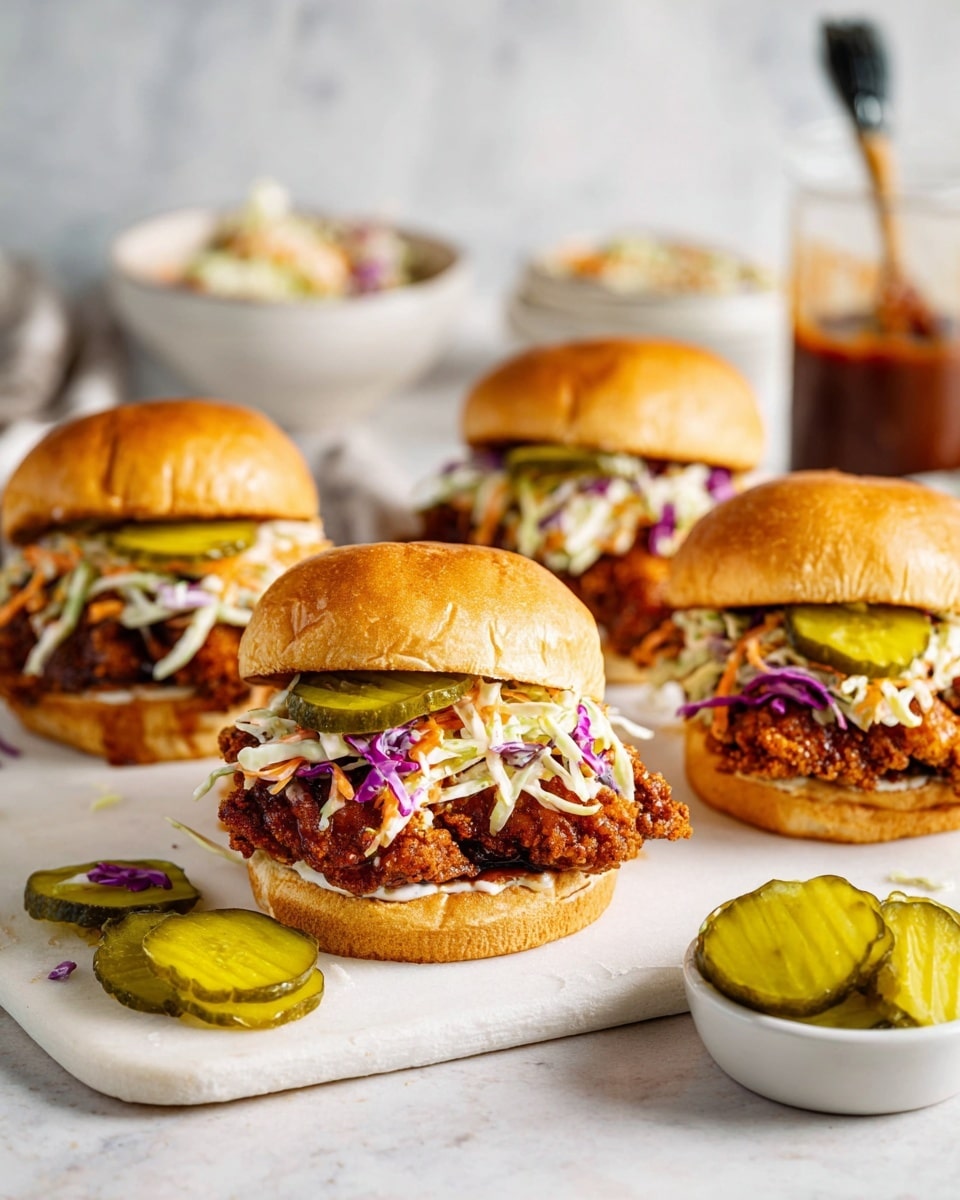 There are four fried chicken sandwiches on a white marbled surface. Each sandwich has three main layers: a golden brown top bun, a crispy dark golden fried chicken piece in the middle, and a bottom bun. On top of each chicken piece is a colorful slaw made of shredded white, purple, and orange vegetables mixed with creamy dressing, with bright green pickle slices sitting above the slaw. Scattered pickle slices are on the surface with a small white bowl full of pickle slices in the front right. In the background, there is a blurred white bowl of slaw and a glass measuring cup with sauce and a brush inside. Photo taken with an iphone --ar 4:5 --v 7