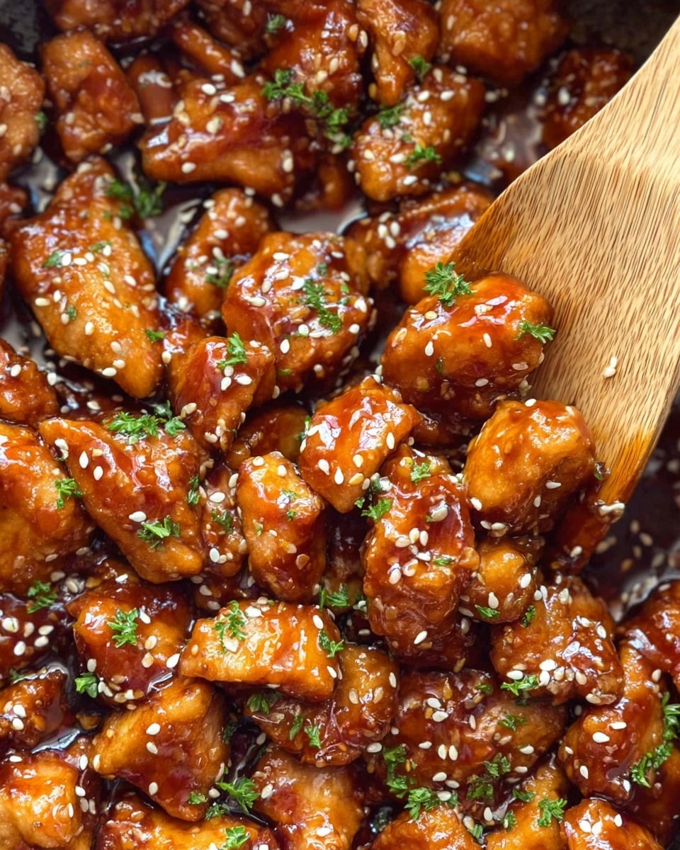 The image shows many small pieces of glossy, brown glazed chicken coated in a sticky sauce with a few small green parsley bits sprinkled on top. White sesame seeds are scattered evenly across the chicken. A wooden spoon is visible scooping some of the chicken from the right side. The background is a white marbled texture. photo taken with an iphone --ar 4:5 --v 7