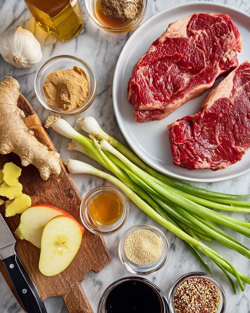 The image shows two raw red steaks with white marbling on a white plate at the top right. Below and to the left, there is a wooden board with a light brown fresh ginger root, cut yellow ginger slices, two whole green onions and sliced green onion pieces. There is also a sliced light brown pear on the board, with halves showing its inside. Around the board on a white marbled surface, there are small clear bowls with light brown brown sugar, white minced garlic, red sauce, dark soy sauce, golden sesame seeds, and amber-colored liquid. A metal grater and a black-handled knife lay nearby, with the knife resting on the right side of the wooden board. photo taken with an iphone --ar 4:5 --v 7