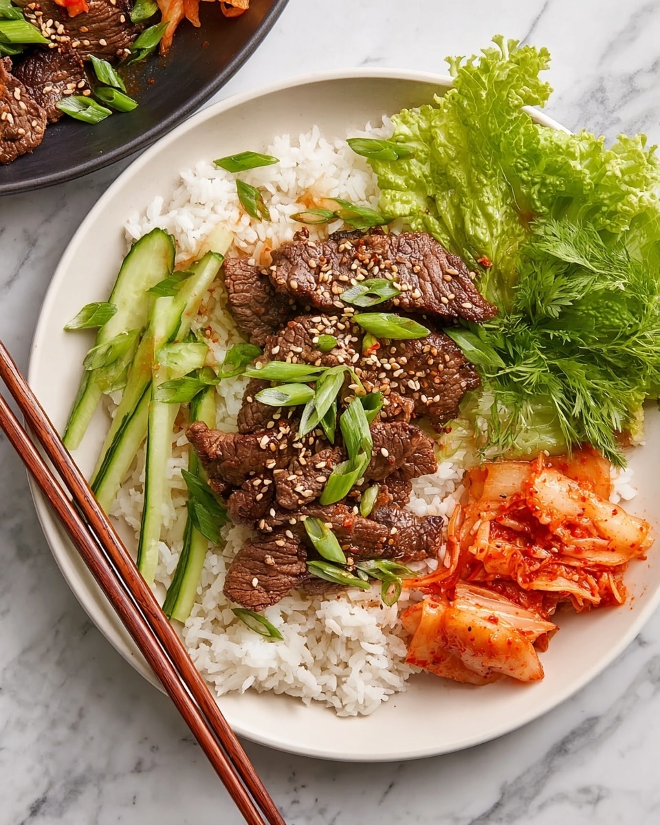 The dish shows a three-layer meal on a white plate: the bottom layer is white rice, fluffy and spread out evenly; on top of that are medium-brown cooked beef slices sprinkled with toasted sesame seeds and green onion slices; on one side, next to the beef, are long, light green cucumber sticks, and on the other side, there is bright green leafy lettuce; a small portion of reddish-orange kimchi is placed near the rice, adding a pop of color. Two wooden chopsticks rest diagonally on the plate, which sits on a white marbled surface. Photo taken with an iphone --ar 4:5 --v 7