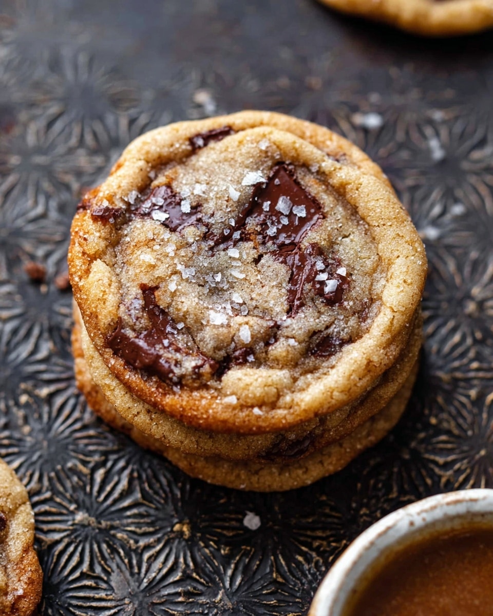 A stack of three soft, round cookies with a golden-brown edge and a lighter brown center with melted dark chocolate pieces visible throughout each cookie. The top cookie has a few flakes of white sea salt scattered on it, giving a subtle shine. The cookies sit on a dark patterned surface with a textured star design. A corner of a white bowl with a brownish sauce inside is barely visible in the bottom right corner of the image. photo taken with an iphone --ar 4:5 --v 7