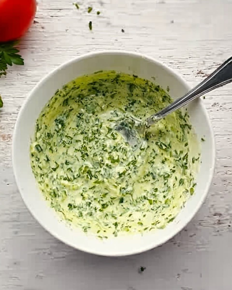 A white bowl filled with a creamy, light green mixture, appearing smooth with small bits of chopped herbs spread evenly throughout. A silver fork rests inside the bowl, its handle extending out to the right side, slightly covered with some of the mixture. The bowl sits on a white marbled surface with a few green herb pieces scattered slightly around the bowl edges. A small red tomato and green leaves are visible in the top left corner of the image. Photo taken with an iphone --ar 4:5 --v 7