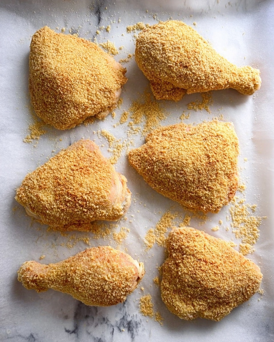 Seven pieces of raw breaded chicken arranged on a sheet of parchment paper over a white marbled surface. Each piece is covered in a light brown, grainy coating, with varying shapes and sizes showing the texture of the breading clearly. The pieces include thigh and drumstick cuts, evenly spaced with some crumbs scattered around them. The overall look is of uncooked, breaded chicken ready for frying or baking. Photo taken with an iphone --ar 4:5 --v 7