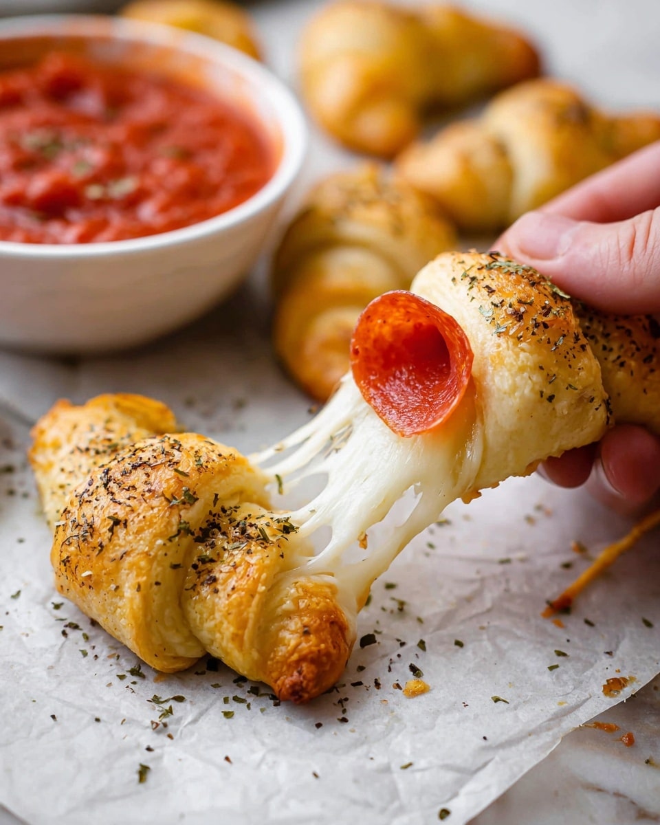 A close-up image shows a woman's hand holding a golden brown crescent roll filled with melted cheese, being dipped into a small white bowl of bright red marinara sauce. The crescent roll's surface is sprinkled with black pepper and herbs, creating a textured look. The background features more crescent rolls scattered on a white marbled surface, some whole and some partially visible, all baked to a light golden color with a soft, flaky texture. The scene is well-lit, focusing on the interaction between the crescent roll and the sauce. photo taken with an iphone --ar 4:5 --v 7