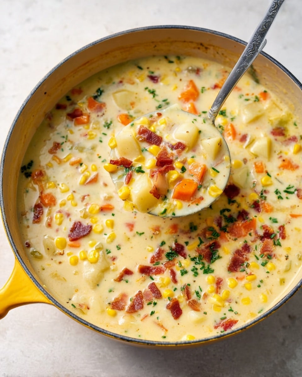 The image shows a creamy corn chowder in a round pan with a yellow handle on the left side. The soup has a thick, pale yellow base filled with bright yellow corn kernels, small orange carrot cubes, white potato chunks, bits of crispy brown bacon, and chopped green herbs scattered evenly throughout. A large round spoon lifts some of the chowder, showing a mix of these colorful ingredients and the smooth soup texture. The pan sits on a white marbled surface, creating a clean and bright background. photo taken with an iphone --ar 4:5 --v 7