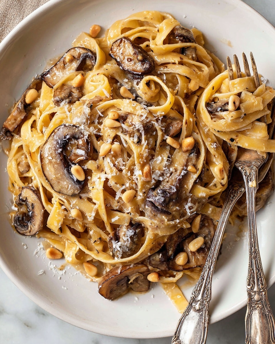 A white plate filled with creamy pasta made of flat, light yellow noodles mixed with slices of dark brown mushrooms scattered evenly through the dish. The pasta is coated in a smooth light brown sauce with small pine nuts sprinkled on top, along with a light dusting of grated cheese. Two ornate silver forks rest on the right edge of the plate, with some noodles slightly draped over them. The plate sits on a white marbled surface. Photo taken with an iphone --ar 4:5 --v 7