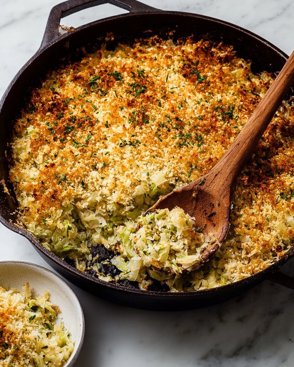 The dish shows a black cast iron pan filled with a textured casserole that has two clear layers: a thick bottom layer of light green shredded vegetables mixed with melted cheese, and a top layer of golden-brown crispy breadcrumbs with small green herb sprigs scattered on top. A wooden spoon is scooping out a portion from the pan, revealing the soft, moist inside layer under the crunchy top. The pan is placed on a white marbled surface, with a small white bowl holding a serving of the casserole visible beside it. Photo taken with an iphone --ar 4:5 --v 7