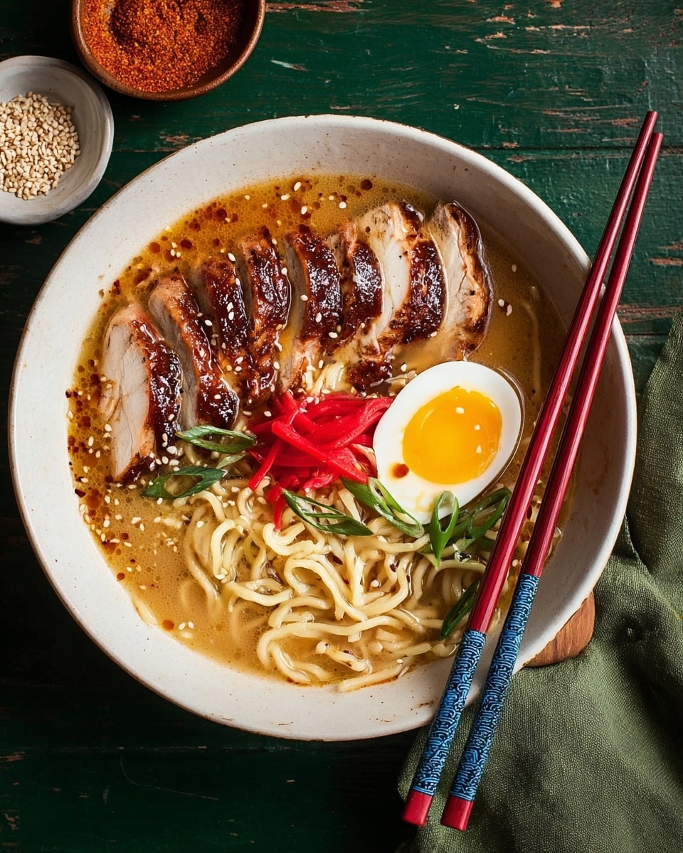 A white bowl filled with light brown broth holding a nest of pale yellow noodles at the bottom. On top, five slices of glazed, dark brown cooked chicken are laid in a neat row slightly angled to the right. Near the chicken is a half of a soft-boiled egg with a bright yellow yolk and a light brown edge. Bright red pickled ginger sits between the chicken and egg, and thin green onion slices are scattered over the noodles and chicken. The bowl is paired with two red and blue chopsticks resting on the right side, partly wrapped with noodles. The bowl is set on a dark green wooden table with a small white dish of sesame seeds and another dish of reddish spice placed nearby. A green cloth napkin is visible at the top right corner. photo taken with an iphone --ar 4:5 --v 7