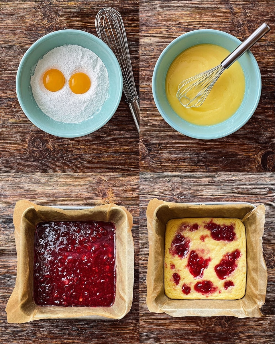 The image shows four stages of making a dessert. The first stage has a light blue bowl with two eggs on top of white sugar, placed on a wooden surface with a metal whisk next to it. The second stage shows the same light blue bowl with a smooth yellow mixture inside and the whisk resting in it. The third stage displays a square baking pan lined with parchment paper, filled with a light beige batter, topped with a thick layer of dark red berry sauce. The fourth stage shows the same baking pan with the batter spread evenly over the berry sauce, with some red spots showing through the light batter. The background is a wooden texture throughout, and the photo taken with an iphone --ar 4:5 --v 7