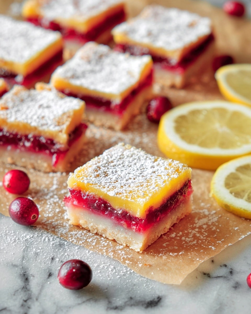 The image shows several square dessert bars arranged on parchment paper over a white marbled surface, with one piece in the front clearly visible. Each bar has three layers: a pale, crumbly bottom crust, a bright red middle layer of cranberry filling, and a thick, smooth yellow top layer. The top surface of the bars is dusted with white powdered sugar. There are whole cranberries scattered around and two lemon halves to the side. The scene is well-lit and focused on the front piece, highlighting the vibrant colors and textures of the dessert bars. Photo taken with an iphone --ar 4:5 --v 7