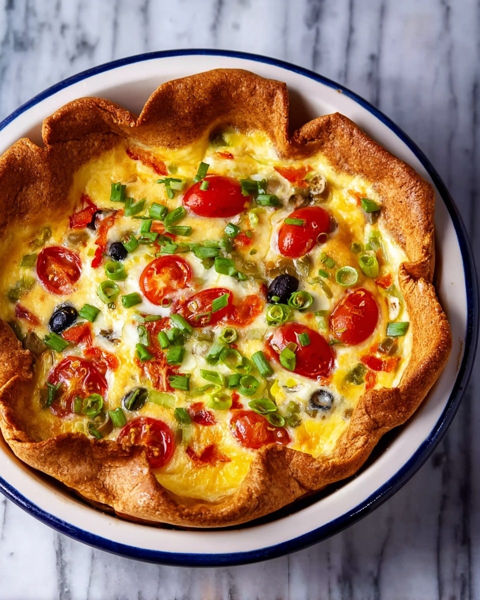 A round savory pie with a thick, browned crust forming the outer edge, filled with a creamy yellow mixture that looks soft and slightly bubbly. Inside the filling, there are halved small red tomatoes, slices of black olives, and bits of green onion sprinkled on top that add bright green pops of color. The surface shows uneven textures with some browned spots and visible pieces of red and green vegetables. The pie is served in a white bowl with a dark blue rim, placed on a white marbled surface. Photo taken with an iphone --ar 4:5 --v 7