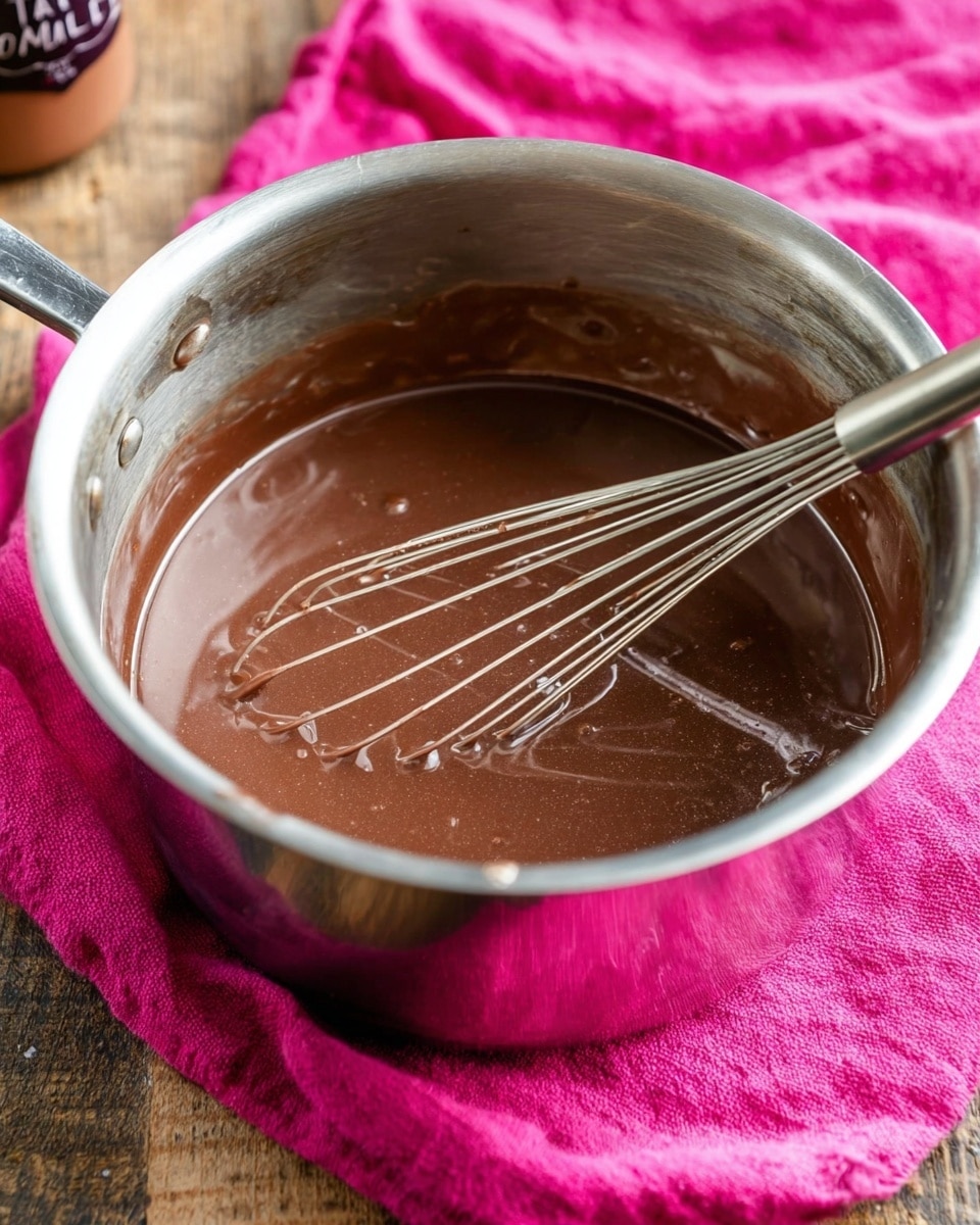 A shiny metal pot filled with a smooth, thick dark brown chocolate mixture. Inside the pot, a metal whisk rests partially in the chocolate, showing light reflections. The pot is set on a bright pink cloth that contrasts with the rich chocolate inside. In the background, there is part of a vanilla bottle visible, adding context to the flavor of the mixture. The surface beneath the cloth has a natural wooden texture, while the overall setting feels warm and cozy. Photo taken with an iphone --ar 4:5 --v 7