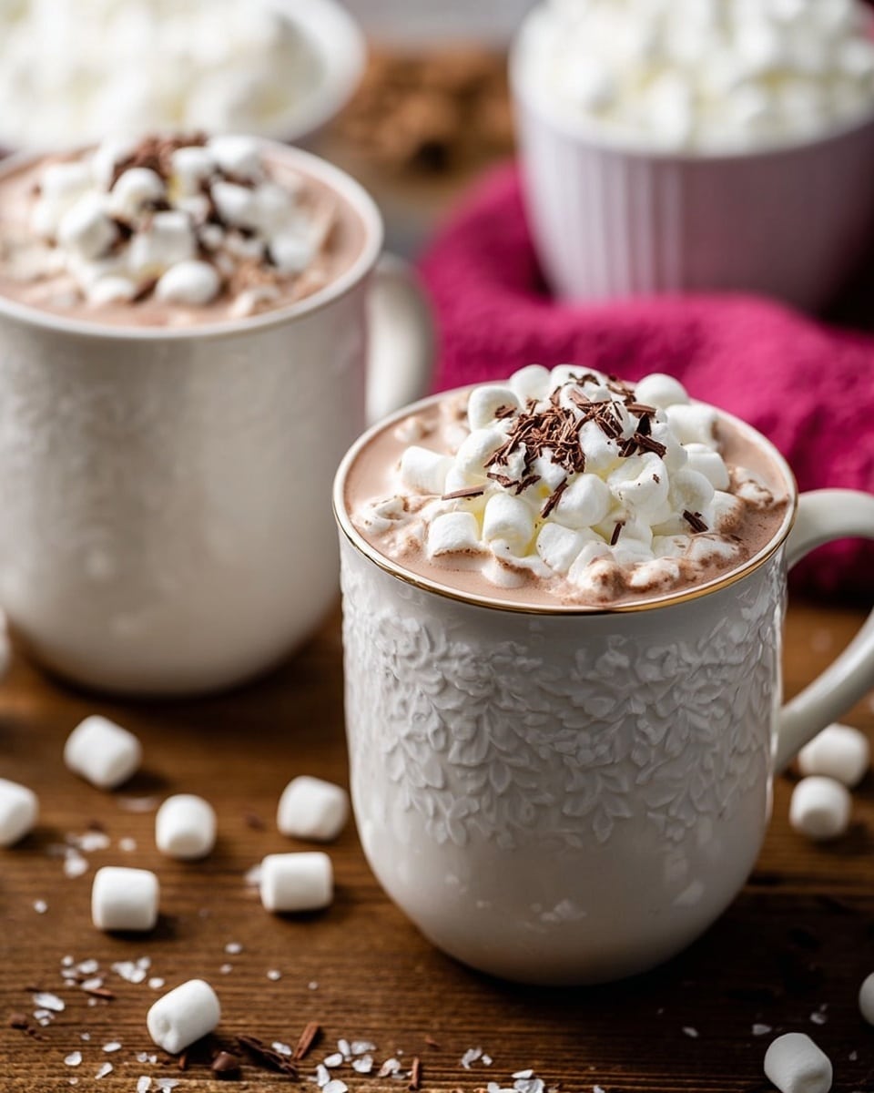 Two white mugs filled with hot chocolate sit on a brown wooden surface. Each mug shows a top layer of thick light brown hot chocolate surrounded by a generous pile of white marshmallows and a thick layer of whipped cream, with dark chocolate shavings scattered on top. Around the mugs, small white mini marshmallows are scattered on the surface. In the background, slightly blurred, are white bowls filled with more marshmallows and a hint of a bright pink cloth. The setting is cozy with focus on the detailed texture of the mugs and the toppings. photo taken with an iphone --ar 4:5 --v 7