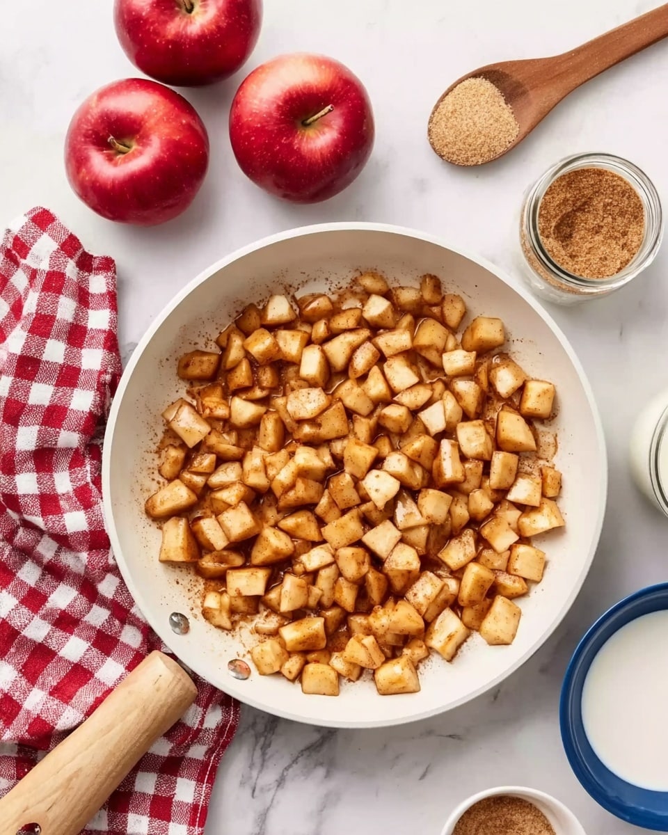 A white frying pan with a wooden handle is filled with small, cooked apple pieces that are light brown with some darker caramel spots, spread evenly inside the pan. The pan sits on a white marbled surface. To the left, there is a red and white checkered cloth partially folded, two whole red apples, and a wooden spoon with some brown sugar on it. To the right, there is a small white bowl with granulated brown sugar, a glass jar of cinnamon, a small blue bowl, and a clear glass of white milk. Photo taken with an iphone --ar 4:5 --v 7