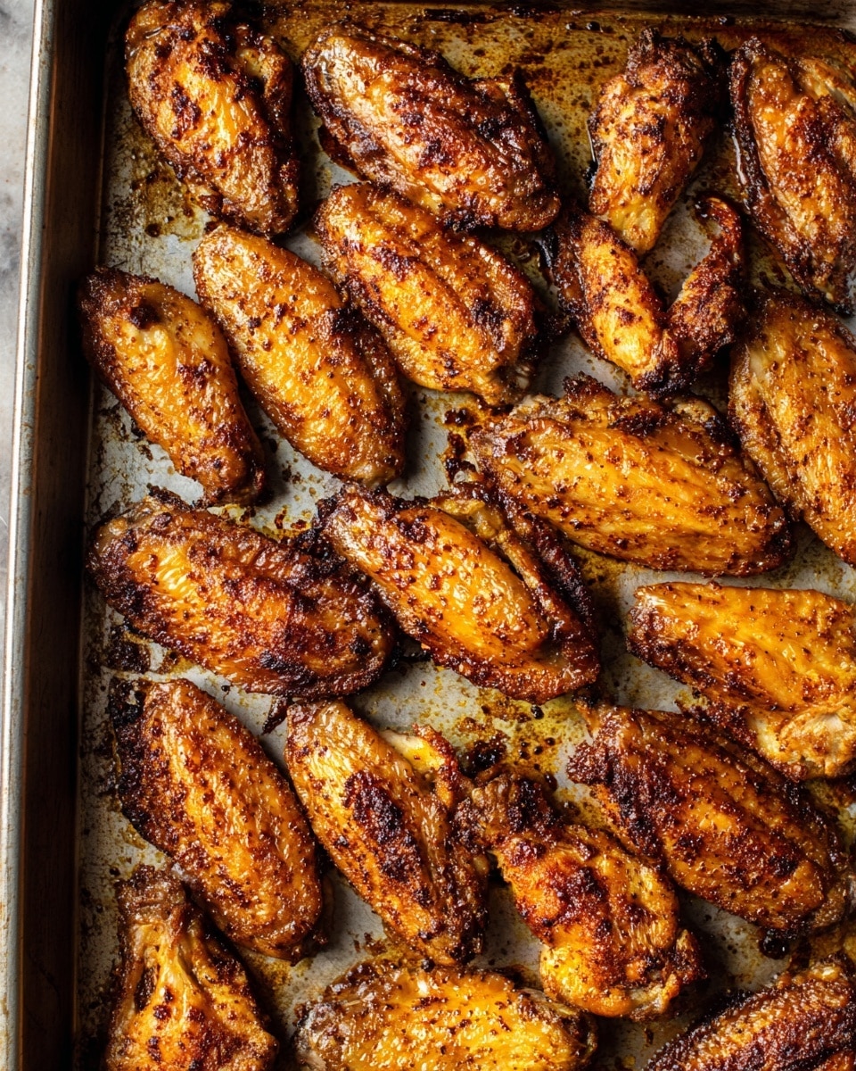 A baking tray filled with about 20 baked chicken wings arranged closely together, each wing showing a crispy, browned skin with dark edges and spots of seasoning. The wings have a rich, warm brown color with some golden highlights where the light hits. The tray has oil and dark seasoning bits scattered around, adding texture and contrast to the smooth metal surface. The background is a white marbled texture photo taken with an iphone --ar 4:5 --v 7