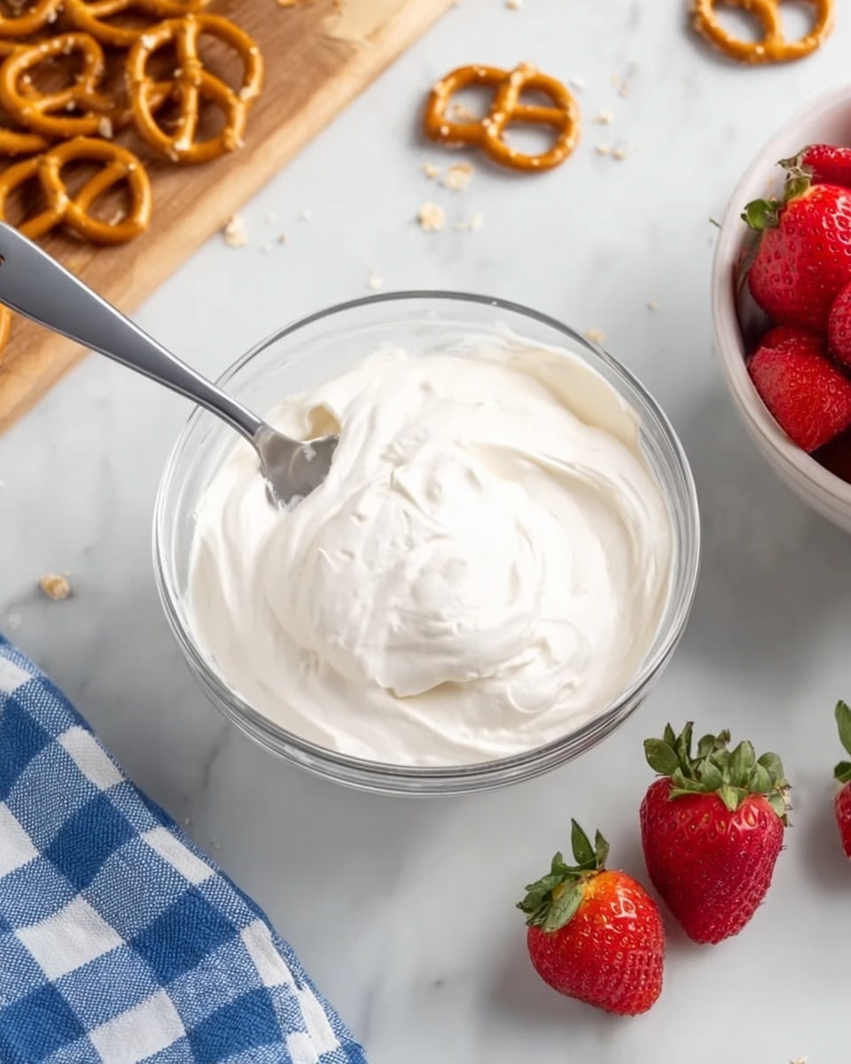 A clear glass bowl filled with thick, smooth white cream is placed on a white marbled surface. A gray spoon rests inside the bowl, partially covered with the cream. To the right of the bowl, there is a white bowl filled with bright red strawberries, some loose strawberries are also scattered on the white marbled surface nearby. On the upper left side, a brown board with a few pretzels is visible, and some pretzels are placed on the white marbled surface close to the glass bowl. A blue and white checkered cloth appears in the lower left corner. photo taken with an iphone --ar 4:5 --v 7