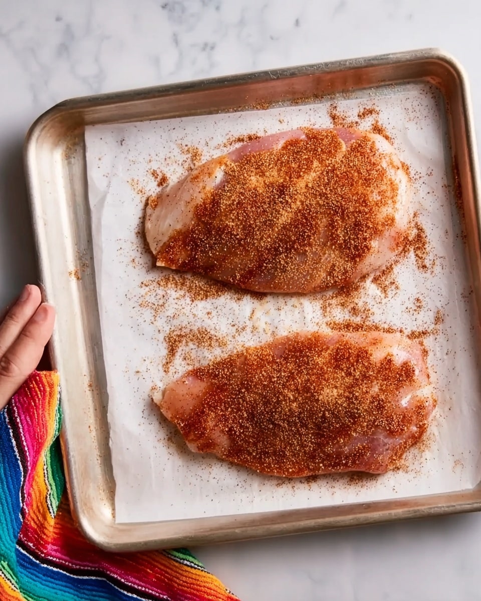 Two raw pieces of chicken lying flat on white paper on a silver baking tray, each piece covered with a generous layer of reddish-brown spice mix that is spread unevenly across the top and sides. The chicken pieces show a light pink color beneath the spices, with a slightly shiny texture. The tray rests on a white marbled surface, with a woman's hand visible on the left edge holding the tray. A colorful striped cloth is partially visible next to the tray. photo taken with an iphone --ar 4:5 --v 7