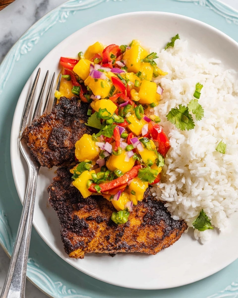 The image shows a white plate on a white marbled surface, holding a serving of cooked white rice on the right side. On the left side, there are two pieces of dark brown, grilled fish with a slightly crispy texture. On top of the fish, there is a layer of colorful mango salsa made of bright yellow mango chunks, red bell peppers, finely chopped red onions, green cilantro leaves, and small green peppers. A silver fork rests on the plate near the rice. The plate is set on top of a light blue plate with a decorative edge. Photo taken with an iphone --ar 4:5 --v 7
