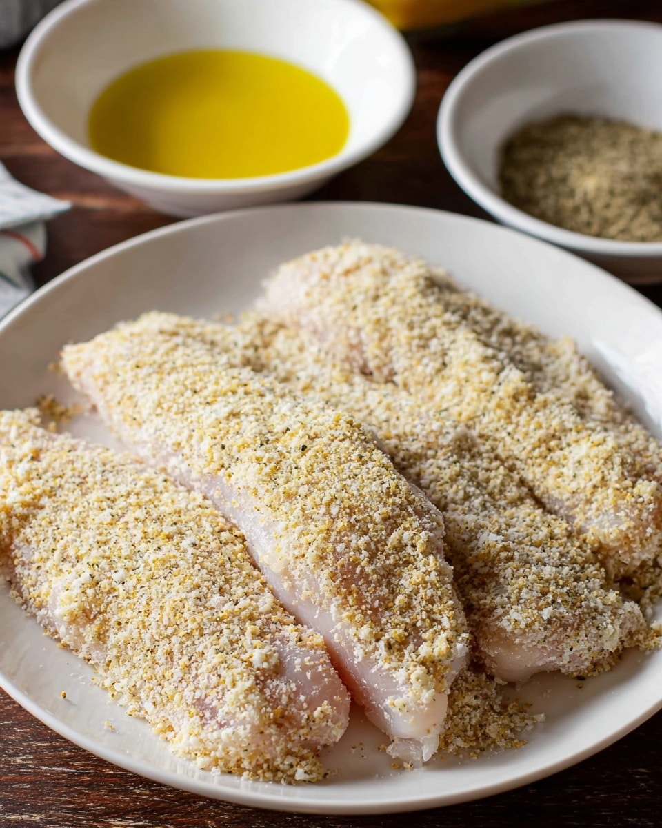 A white plate holds three long pieces of raw chicken covered in a light, crumbly coating with a pale beige and speckled texture, showing a mix of small crumbs and seasoning. The chicken underneath is a soft pale pink, clearly visible under the crumb layer. The plate sits on a table with a dark wood color, and in the background, two white bowls are seen, one filled with a yellow egg wash and the other with a coarse seasoning mix. The overall scene feels like a preparation step for breaded chicken, with the white marbled texture surface implied in the background. photo taken with an iphone --ar 4:5 --v 7