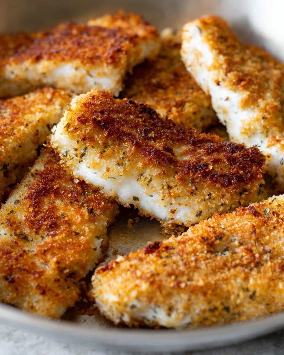The image shows several pieces of golden-brown breaded fried fish fillets with a crispy texture, placed close together in a white pan. The fillets have a rough and crunchy coating with small herb and breadcrumb bits visible, covering the thick white fish inside. The breading has an uneven, lightly browned surface with darker spots, giving a crunchy look. The fish is arranged to fill the pan, with some fillets overlapping slightly, all sitting on a white marbled texture surface. photo taken with an iphone --ar 4:5 --v 7