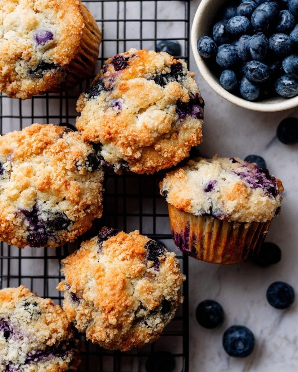 The image shows several blueberry muffins with crumbly, golden tops full of baked blueberries. The muffins have a rough texture with a mix of light beige and purple-blue spots from the blueberries inside. They rest on a black cooling rack over a white marbled surface. One muffin is in a muffin liner, while the others are without liners, showing the textured sides. Scattered fresh blueberries are around the muffins, and there is a small white bowl filled with fresh blueberries in the upper right corner. The lighting is bright, making the muffins look fresh and inviting. Photo taken with an iphone --ar 4:5 --v 7