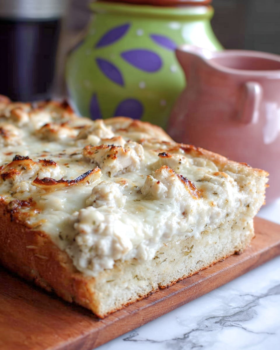 The image shows a thick, rectangular bread base with a golden crust. On top, there is a creamy white layer made of melted cheese mixed with herbs and seasoning, spread evenly but unevenly thick, bubbling and slightly browned in spots. The cheese layer drapes over the edges of the bread, with some parts dripping down. The bread is cut into three pieces, one piece slightly pulled away revealing the soft inside of the bread. The bread sits on a light wooden board placed on a white marbled surface. In the background, there are soft-colored decorative items and a black-handled knife resting behind the bread. photo taken with an iphone --ar 4:5 --v 7