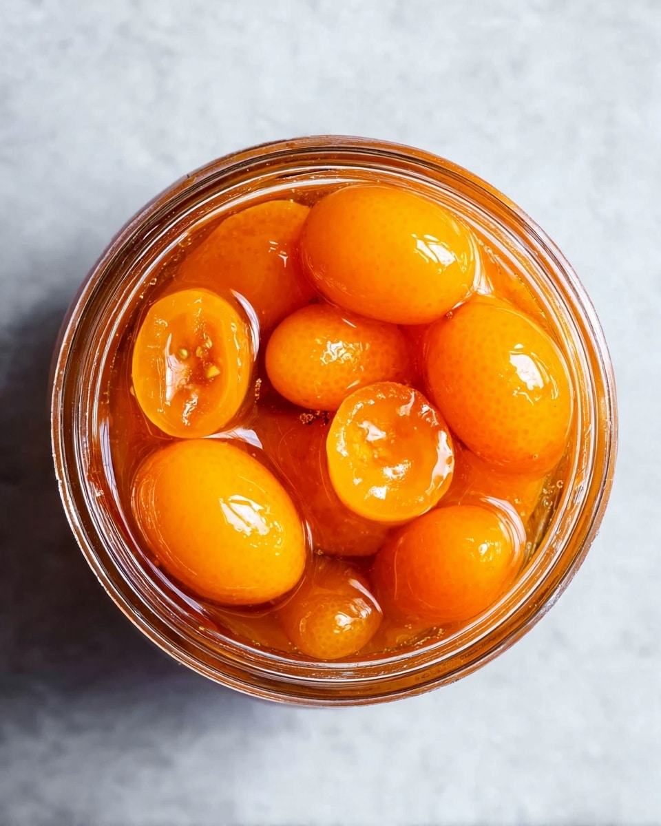 A glass jar filled with bright orange kumquats soaked in a clear orange syrup is shown from above. The kumquats are whole and halved, smooth and shiny, sitting closely together inside the jar. The clear jar rim is visible, and the jar rests on a white marbled surface that contrasts with the vivid colors inside. photo taken with an iphone --ar 4:5 --v 7