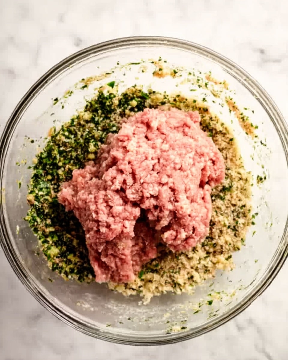 A clear glass bowl is placed on a white marbled surface, holding a layer of green and beige chopped herbs mixed with spices, spread evenly at the bottom. On top of this mixture sits a large mound of raw ground pink meat, with a slightly coarse texture. The ground meat is centered and contrasts with the surrounding herbs. The clear bowl allows the colors and textures inside to be visible from the side. photo taken with an iphone --ar 4:5 --v 7