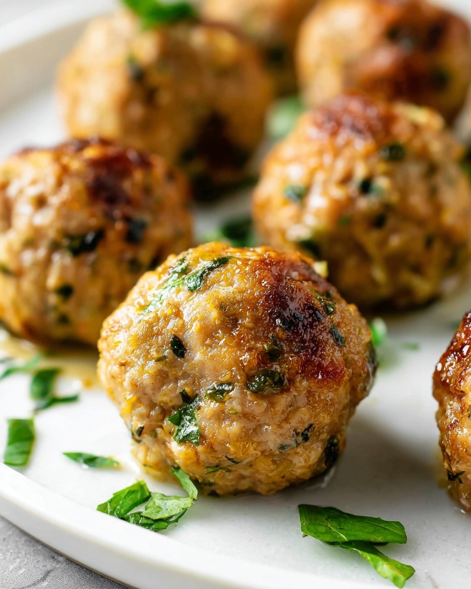The image shows close-up of round meatballs placed on a white plate with a white marbled surface. Each meatball has a light golden brown color with specks of green herbs mixed inside. The texture looks moist and slightly shiny with a soft, crumbly surface. There are small pieces of chopped green leaves scattered around the meatballs, adding a fresh touch. The focus is on the front meatball, making the others softly blurred in the background. photo taken with an iphone --ar 4:5 --v 7