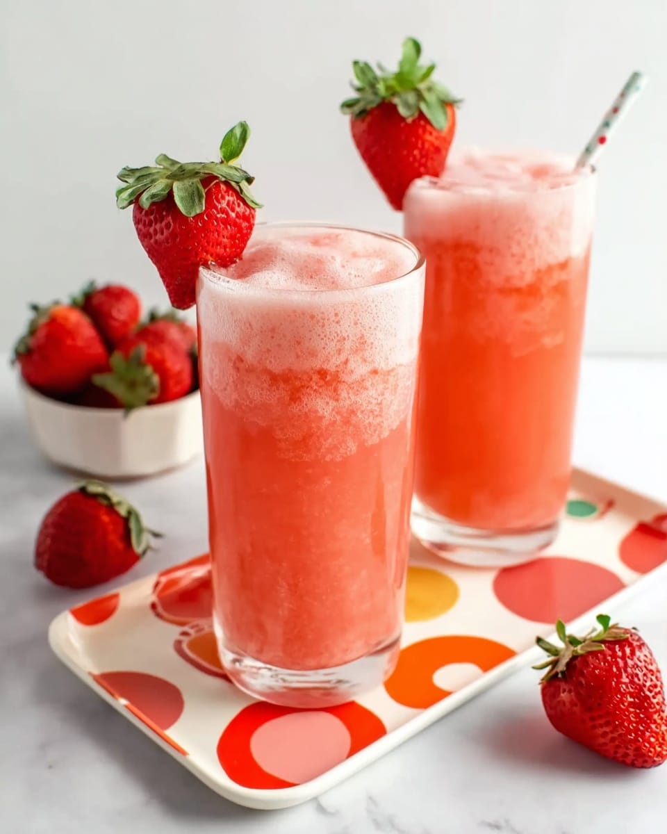 Two tall clear glasses filled with a pinkish-red bubbly drink topped with light foam, each glass garnished with a fresh whole red strawberry on the rim. The glasses are placed on a white marbled surface with colorful round patterns partially visible underneath. Around the glasses, whole bright red strawberries with green leaves are scattered casually, with some on the surface and some on a white plate in the background. The overall scene is bright and fresh, with the drink and strawberries standing out vividly. Photo taken with an iphone --ar 4:5 --v 7