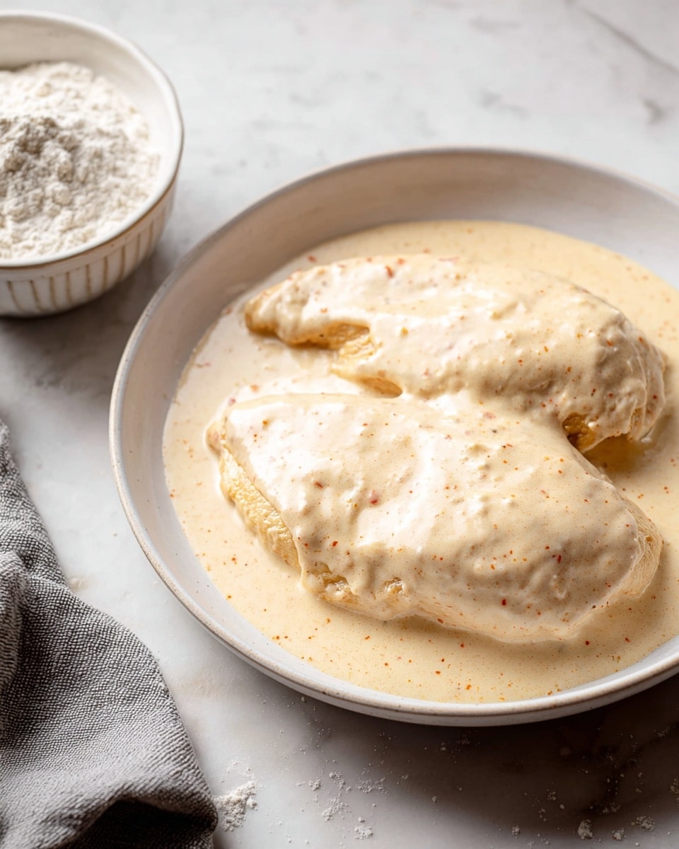 A white round plate sits on a white marbled surface, holding two pieces of chicken covered in a thick, creamy beige sauce with light orange specks lightly spread all over. The chicken pieces have some texture showing through the sauce, with soft edges blending into the sauce layer. In the bottom left corner of the image, part of a white bowl with white flour is visible. A gray cloth napkin is partly shown in the top left corner. The scene is softly lit, highlighting the smooth texture of the sauce and the light color contrast between the chicken and the sauce photo taken with an iphone --ar 4:5 --v 7